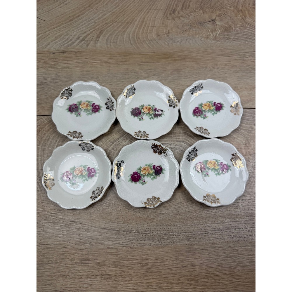 Vintage Set of 6 Floral Ceramic Butter Pats Scalloped Gold Trim Trinket Dishes 3